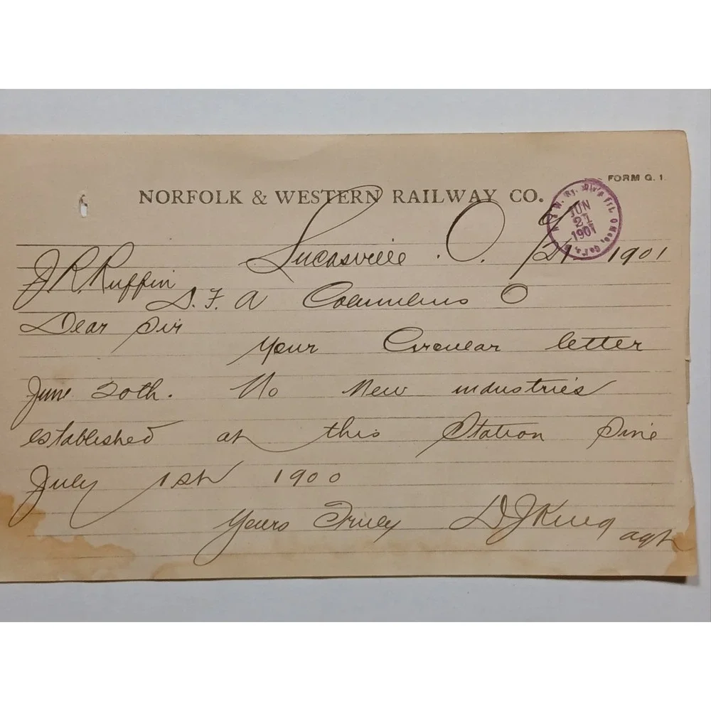 Antique 1901 Norfolk & Western Railway Letter  Lucasville Ohio Station  Lot Of 3
